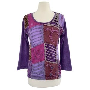 VTG Rising International Embroidered Mixed Textures Cotton Purple Top Medium